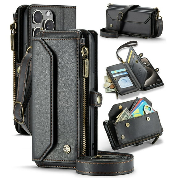 ShellTech Crossbody Wallet Women Men Bag Case for iPhone 11 Pro,Magnetic Leather Flip Case RFID Blocking 7-Card Holder Zipper Bills Slot Cash Pocket Stand Cover with Shoulder Wrist Strap,Black
