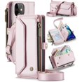 thumbnail image 1 of ShellTech Crossbody Wallet Women Men Bag Case for iPhone 12 mini,Magnetic Leather Flip Case RFID Blocking 7-Card Holder Zipper Bills Slot Cash Pocket Stand Cover with Shoulder Wrist Strap,Pink, 1 of 9