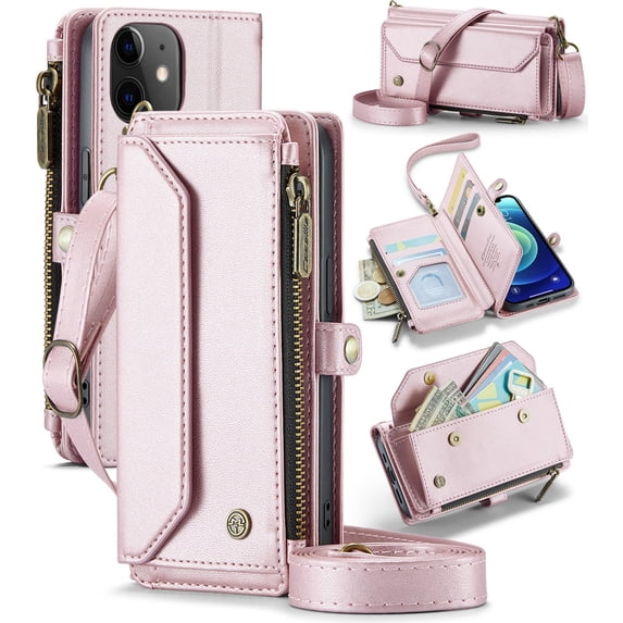 ShellTech Crossbody Wallet Women Men Bag Case for iPhone 12 mini,Magnetic Leather Flip Case RFID Blocking 7-Card Holder Zipper Bills Slot Cash Pocket Stand Cover with Shoulder Wrist Strap,Pink
