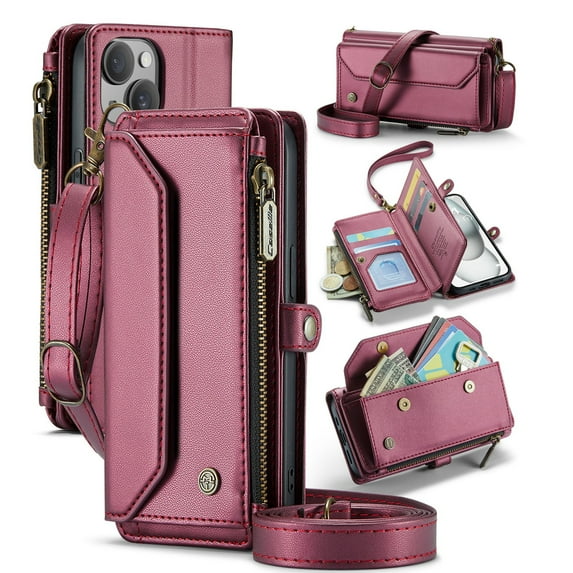 ShellTech Crossbody Wallet Women Men Bag Case for iPhone 13,Magnetic Leather Flip Case RFID Blocking 7-Card Holder Zipper Bills Slot Cash Pocket Stand Cover with Shoulder Wrist Strap,Winered
