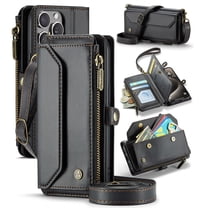 ShellTech Crossbody Wallet Women Men Bag Case for iPhone 13 Pro,Magnetic Leather Flip Case RFID Blocking 7-Card Holder Zipper Bills Slot Cash Pocket Stand Cover with Shoulder Wrist Strap,Black