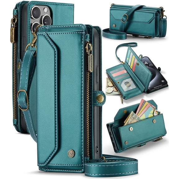 ShellTech Crossbody Wallet Women Men Bag Case for iPhone 13 Pro Max,Magnetic Leather Flip Case RFID Blocking 10-Card Holder Zipper Bills Slot Cash Pocket Stand Cover with Shoulder Wrist Strap,Green