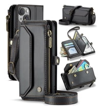 ShellTech Crossbody Wallet Women Men Bag Case for iPhone 13 mini,Magnetic Leather Flip Case RFID Blocking 7-Card Holder Zipper Bills Slot Cash Pocket Stand Cover with Shoulder Wrist Strap,Black