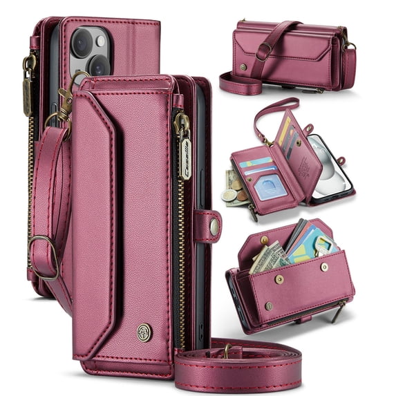 ShellTech Crossbody Wallet Women Men Bag Case for iPhone 14,Magnetic Leather Flip Case RFID Blocking 7-Card Holder Zipper Bills Slot Cash Pocket Stand Cover with Shoulder Wrist Strap,Winered