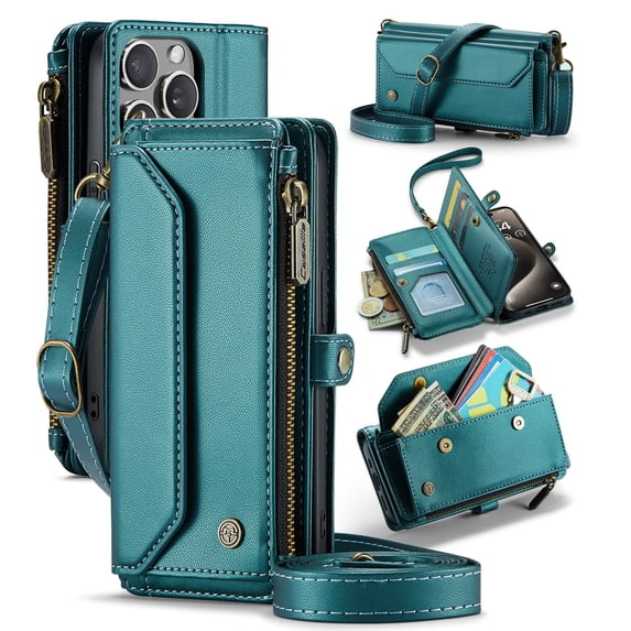 ShellTech Crossbody Wallet Women Men Bag Case for iPhone 14 Pro,Magnetic Leather Flip Case RFID Blocking 7-Card Holder Zipper Bills Slot Cash Pocket Stand Cover with Shoulder Wrist Strap,Green