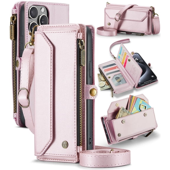 ShellTech Crossbody Wallet Women Men Bag Case for iPhone 14 Pro Max,Magnetic Leather Flip Case RFID Blocking 10-Card Holder Zipper Bills Slot Cash Pocket Stand Cover with Shoulder Wrist Strap,Pink