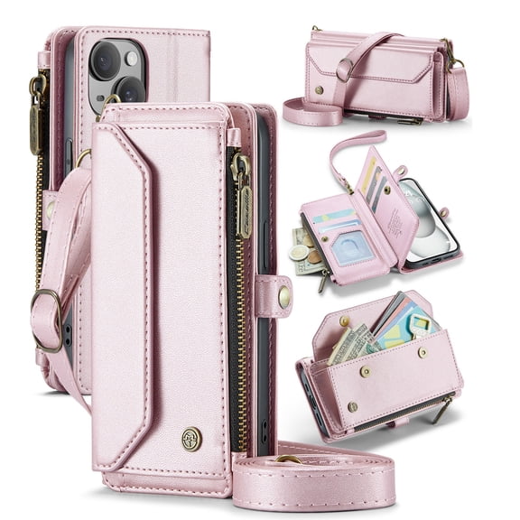 ShellTech Crossbody Wallet Women Men Bag Case for iPhone 15,Magnetic Leather Flip Case RFID Blocking 7-Card Holder Zipper Bills Slot Cash Pocket Stand Cover with Shoulder Wrist Strap,Pink