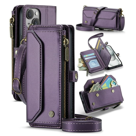 ShellTech Crossbody Wallet Women Men Bag Case for iPhone 15,Magnetic Leather Flip Case RFID Blocking 7-Card Holder Zipper Bills Slot Cash Pocket Stand Cover with Shoulder Wrist Strap,Purple
