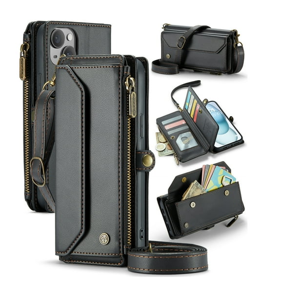 ShellTech Crossbody Wallet Women Men Bag Case for iPhone 15 Plus,Magnetic Leather Flip Case RFID Blocking 10-Card Holder Zipper Bills Slot Cash Pocket Stand Cover with Shoulder Wrist Strap,Black
