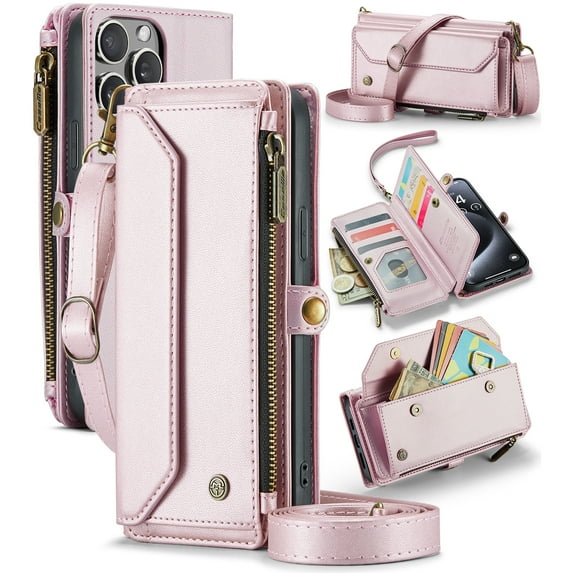 ShellTech Crossbody Wallet Women Men Bag Case for iPhone 15 Pro Max,Magnetic Leather Flip Case RFID Blocking 10-Card Holder Zipper Bills Slot Cash Pocket Stand Cover with Shoulder Wrist Strap,Pink