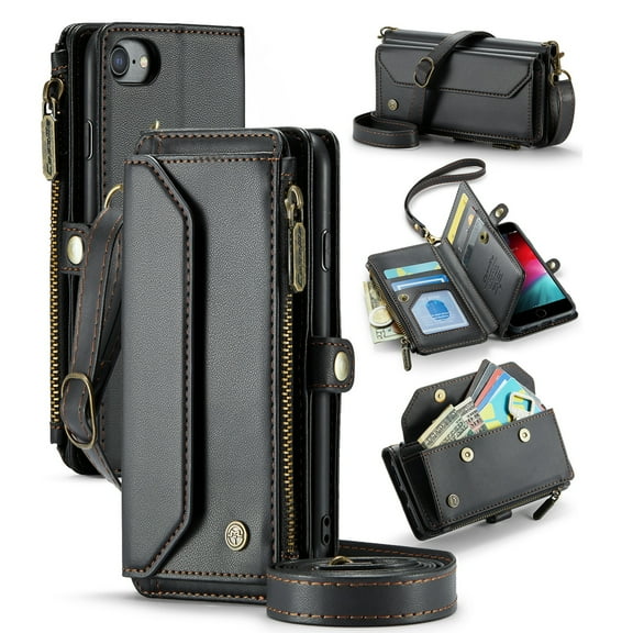 ShellTech Crossbody Wallet Women Men Case for iPhone 7/8/SE 2nd/3rd Gen,Magnetic Leather Flip Case RFID Blocking 7-Card Holder Zipper Wallet Cash Pocket Stand Cover with Shoulder Wrist Strap,Black