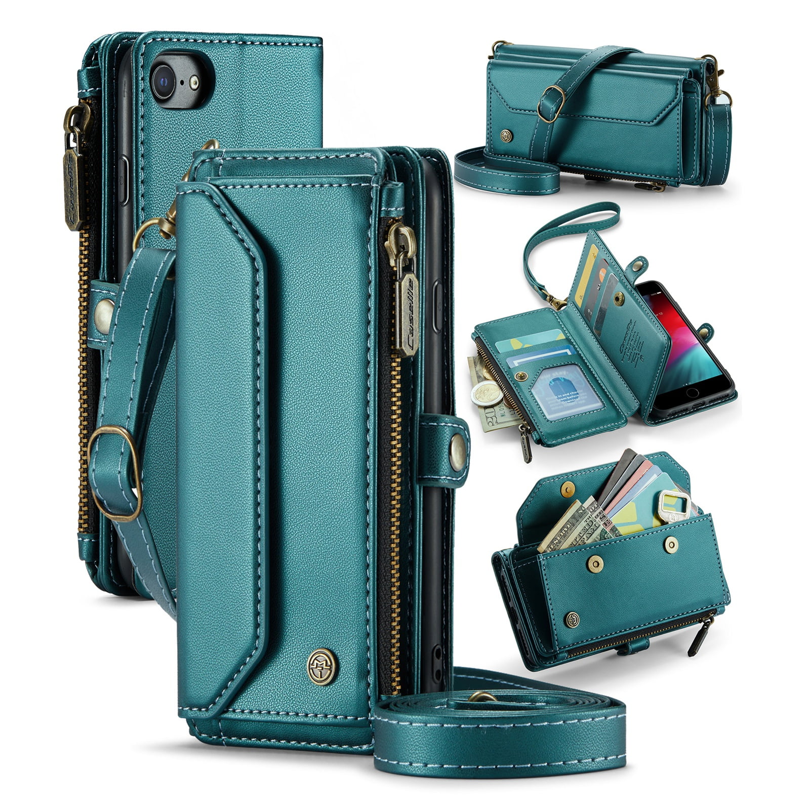 ShellTech Crossbody Wallet Women Men Case for iPhone 7/8/SE 2nd/3rd Gen,Magnetic Leather Flip Case RFID Blocking 7-Card Holder Zipper Wallet Cash Pocket Stand Cover with Shoulder Wrist Strap,Green