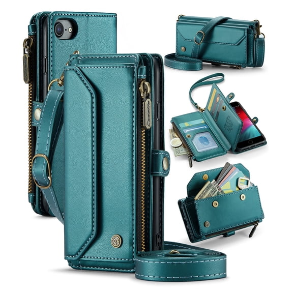 ShellTech Crossbody Wallet Women Men Case for iPhone 7/8/SE 2nd/3rd Gen,Magnetic Leather Flip Case RFID Blocking 7-Card Holder Zipper Wallet Cash Pocket Stand Cover with Shoulder Wrist Strap,Green