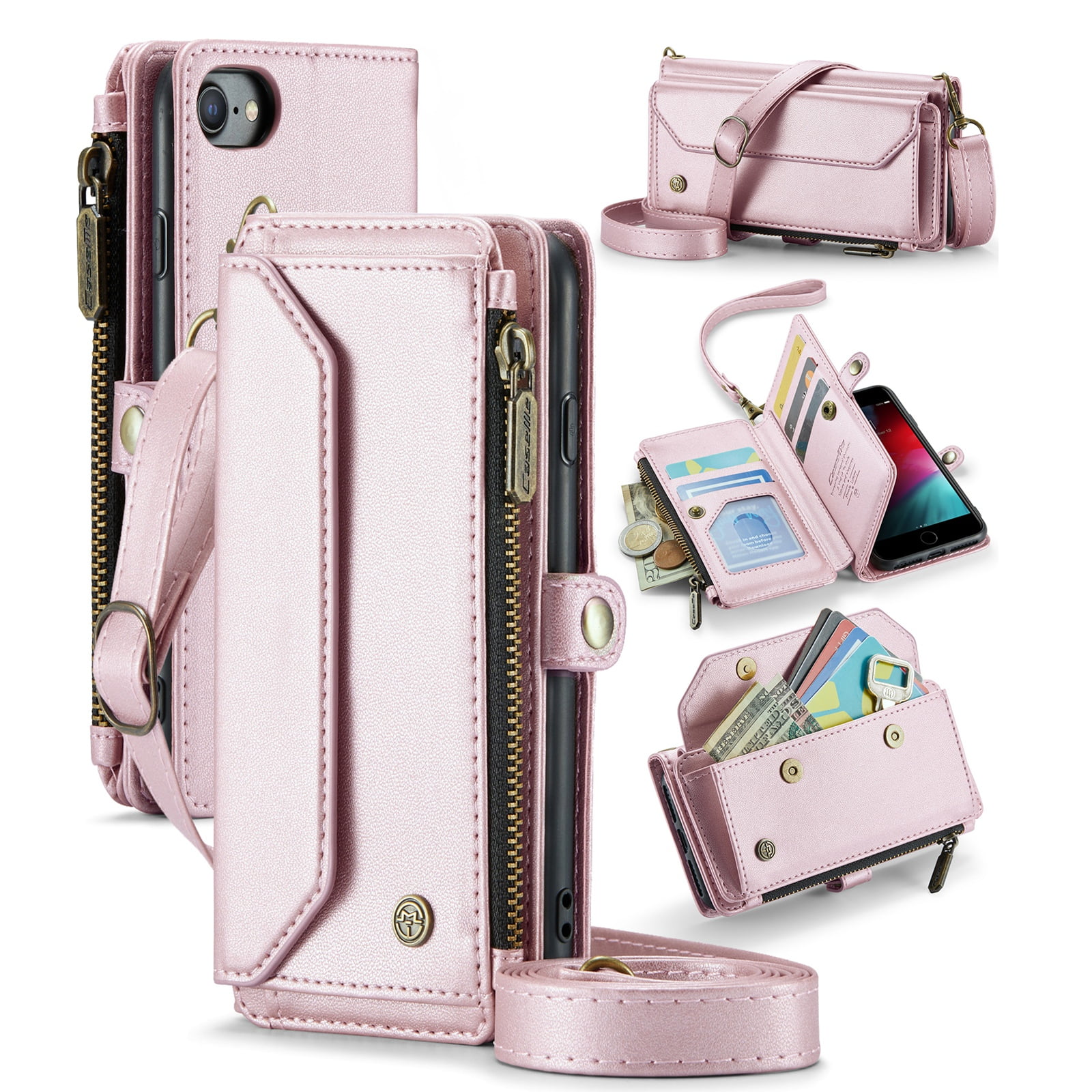 ShellTech Crossbody Wallet Women Men Case for iPhone 7/8/SE 2nd/3rd Gen,Magnetic Leather Flip Case RFID Blocking 7-Card Holder Zipper Wallet Cash Pocket Stand Cover with Shoulder Wrist Strap,Pink