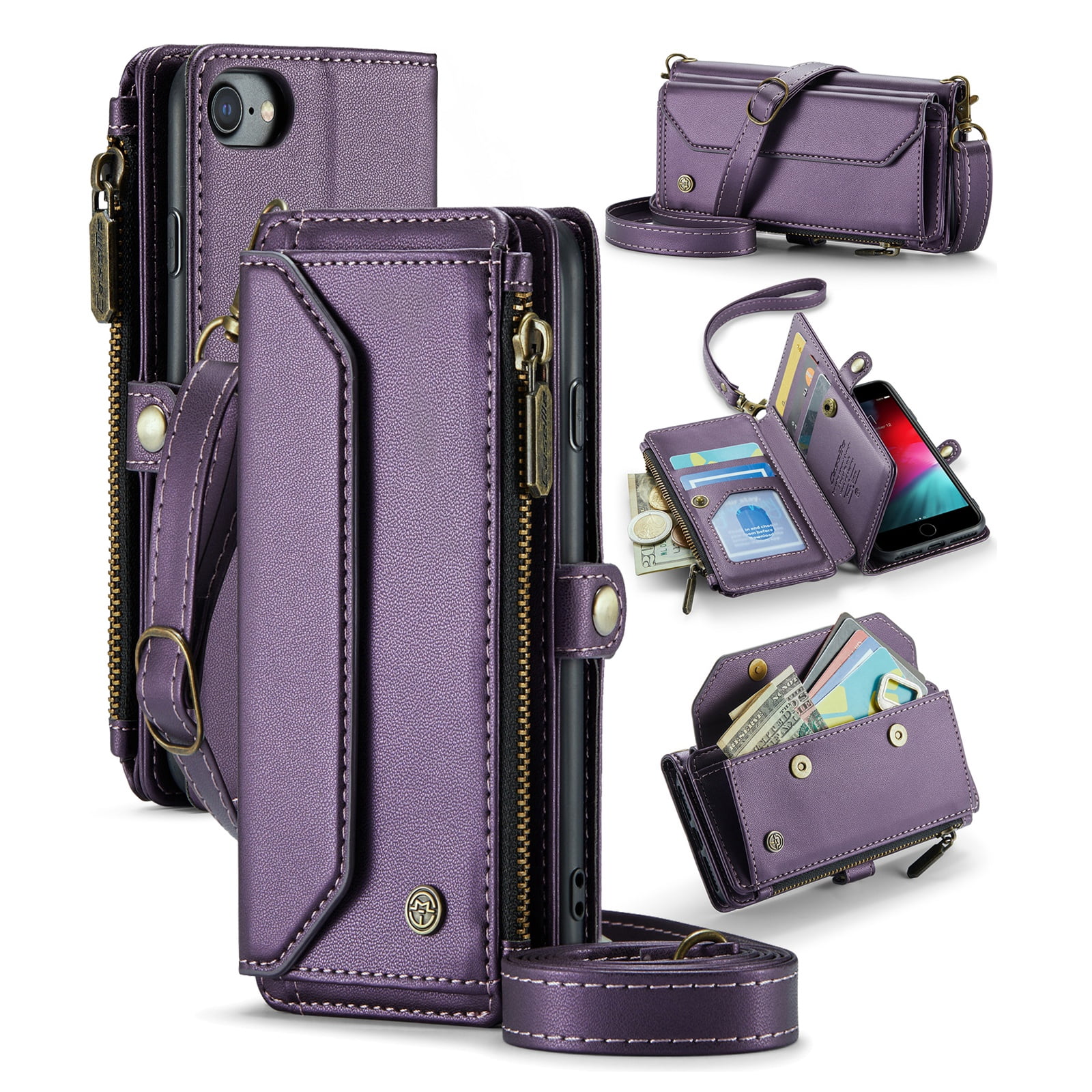 ShellTech Crossbody Wallet Women Men Case for iPhone 7/8/SE 2nd/3rd Gen,Magnetic Leather Flip Case RFID Blocking 7-Card Holder Zipper Wallet Cash Pocket Stand Cover with Shoulder Wrist Strap,Purple