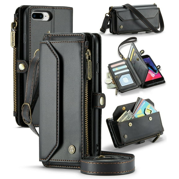 ShellTech Crossbody Wallet Women Men Case for iPhone 7 Plus / 8 Plus,Magnetic Leather Flip Case RFID Blocking 10-Card Holder Zipper Bills Slot Cash Pocket Stand Cover with Shoulder Wrist Strap,Black