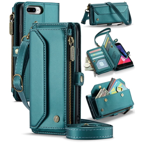 ShellTech Crossbody Wallet Women Men Case for iPhone 7 Plus / 8 Plus,Magnetic Leather Flip Case RFID Blocking 10-Card Holder Zipper Bills Slot Cash Pocket Stand Cover with Shoulder Wrist Strap,Green