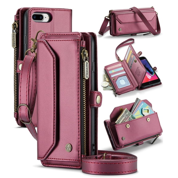 ShellTech Crossbody Wallet Women Men Case for iPhone 7 Plus /8 Plus,Magnetic Leather Flip Case RFID Blocking 10-Card Holder Zipper Bills Slot Cash Pocket Stand Cover with Shoulder Wrist Strap,Winered