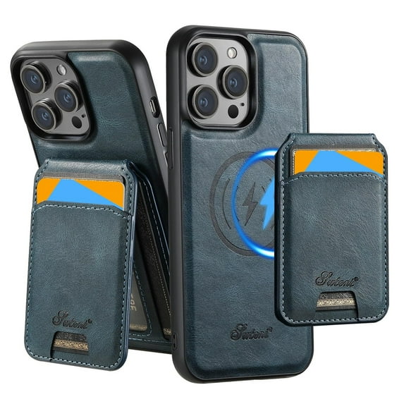 ShellTech Detachable Magnetic 2 in 1 Wallet Case for iPhone 14,Compatible with Mag-Safe Leather with Credit Card Holder Case Shockproof TPU Kickstand Cover ,Blue