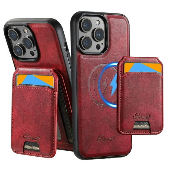 ShellTech Detachable Magnetic 2 in 1 Wallet Case for iPhone 14 Pro,Compatible with Mag-Safe Leather with Credit Card Holder Case Shockproof TPU Kickstand Cover ,Red