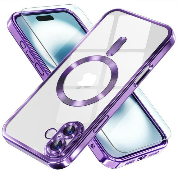 ShellTech Electroplated Case with Screen Protector for iPhone 16 Plus,Slim Soft Plating TPU Clear Case Compatible with MagSafe Full Camera Lens Protector Cover for iPhone 16 Plus,Purple