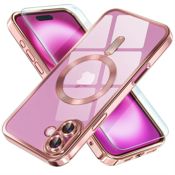 ShellTech Electroplated Case with Screen Protector for iPhone 16 Plus,Slim Soft Plating TPU Clear Case Compatible with MagSafe Full Camera Lens Protector Cover for iPhone 16 Plus,Pink