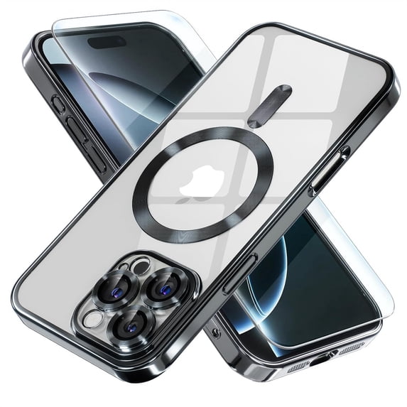 ShellTech Electroplated Case with Screen Protector for iPhone 16 Pro Max,Slim Soft Plating TPU Clear Case Compatible with MagSafe Full Camera Lens Protector Cover for iPhone 16 Pro Max,Black