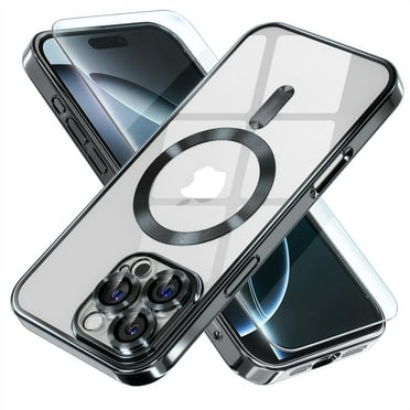 ShellTech Electroplated Case with Screen Protector for iPhone 16 Pro Max,Slim Soft Plating TPU Clear Case Compatible with MagSafe Full Camera Lens Protector Cover for iPhone 16 Pro Max,Black