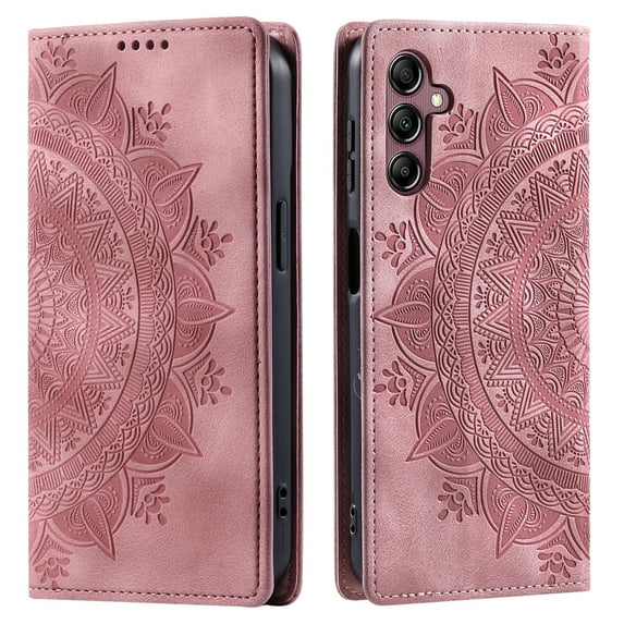 ShellTech Embossed Pattern Case for Samsung Galaxy A25 5G,Magnetic Leather Card Slots Wallet Case TPU Kickstand Flip Shockproof Cover,Pink