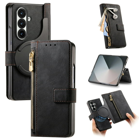 ShellTech Flip Case for Samsung Galaxy Z Fold 7 Leather Wallet Case , Magnetic Detachable Zipper Card Slot Wallet Cover RFID Blocking with Kickstand Shockproof,Black
