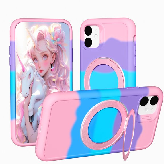 ShellTech For 360° Rotatable Magnetic Ring Stand for iPhone 11 Case,with Shockproof Silicone Slim Phone Case,Rainbow powder