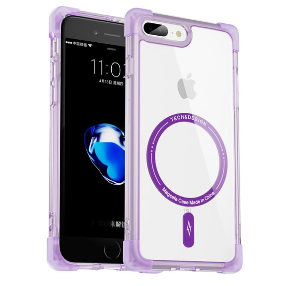 ShellTech Four-Corner Anti-Fall Transparent Magnetic Phone Case for iPhone 8 Plus/7 Plus, [Support Wireless Charging] Slim Shockproof Protective Phone Cover Case,Purple