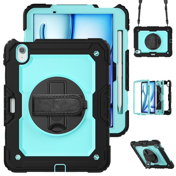 ShellTech Full Body Protection Case for iPad Air 11 inch 2024,Heavy Duty Case Built-in Screen Protector 360° Rotate Hand Strap/Stand Cover with Shoulder Strap,Black + Mint