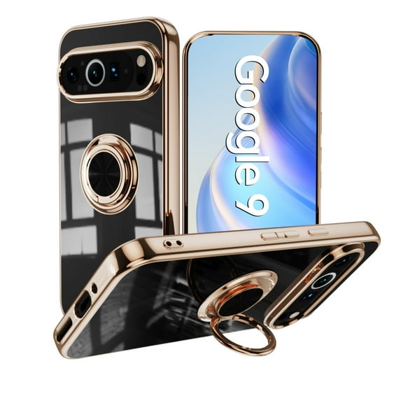ShellTech for Google Pixel 10 / 10 Pro TPU Case with Ring Stand, Support Magnetic Car Mount Rotating Finger Holder Soft TPU Cover Plating Edge Slim Shockproof Cover for Men Women,Black