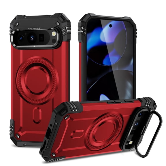ShellTech for Google Pixel 9 / 9 Pro Hybrid Phone Case with Metal Camera Stand [Compatible with Magsafe] [15 FT Military Grade Drop Protection] Heavy-Duty Shockproof Rugged Cover,Red