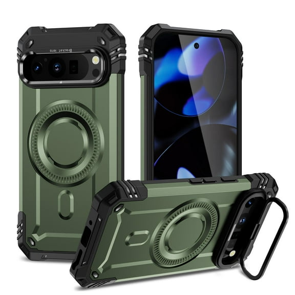 ShellTech for Google Pixel 9 / 9 Pro Hybrid Phone Case with Metal Camera Stand [Compatible with Magsafe] [15 FT Military Grade Drop Protection] Heavy-Duty Shockproof Rugged Cover,Armygreen