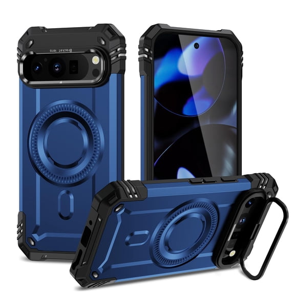 ShellTech for Google Pixel 9 / 9 Pro Hybrid Phone Case with Metal Camera Stand [Compatible with Magsafe] [15 FT Military Grade Drop Protection] Heavy-Duty Shockproof Rugged Cover,Blue