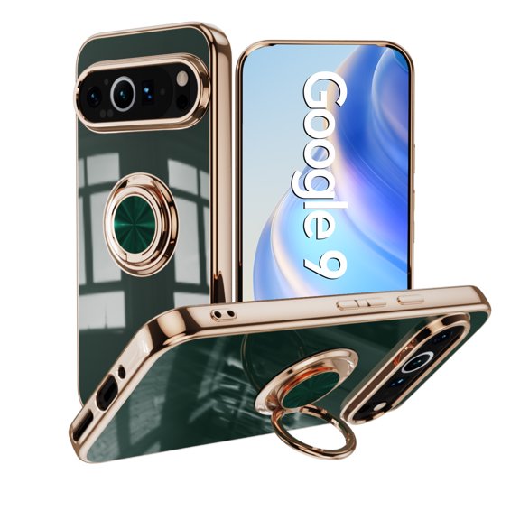 ShellTech for Google Pixel 9A TPU Case with Ring Stand, Support Magnetic Car Mount Rotating Finger Holder Soft TPU Cover Plating Edge Slim Shockproof Cover for Men Women,Darkgreen