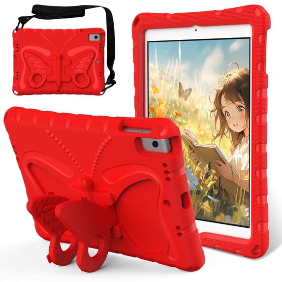 ShellTech Kids Case for iPad 9th 8th 7th Generation 10.2-inch,Butterfly EVA Case with Kickstand Shockproof Armor Kids Friendly Cover with Shoulder Strap for iPad 10.2" 2021/2020/2019,Red