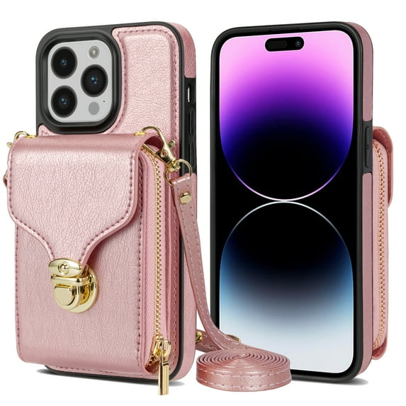 ShellTech Large Capacity Cards Wallet Crossbody Strap Case for iPhone 12 Pro Max,Luxury Leather Metal Snap Zipper Purse Bag Case Shockproof TPU Back Cover with Detachable Shoulder Strap,Rosegold