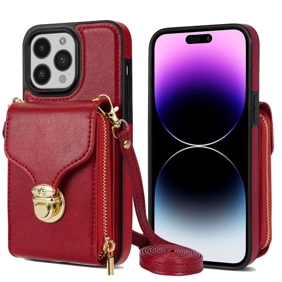 ShellTech Large Capacity Cards Wallet Crossbody Strap Case for iPhone 13 Pro Max,Luxury Leather Metal Snap Zipper Purse Bag Case Shockproof TPU Back Cover with Detachable Shoulder Strap,Red