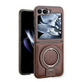 thumbnail image 1 of ShellTech Leather for Samsung Galaxy Z Flip 6 Case with Metal Ring Holder, Compatible with MagSafe Luxury Leather PU Bumper Skin Friendly Anti-Fingerprint Shockproof Kickstand Case,Darkbrown, 1 of 10