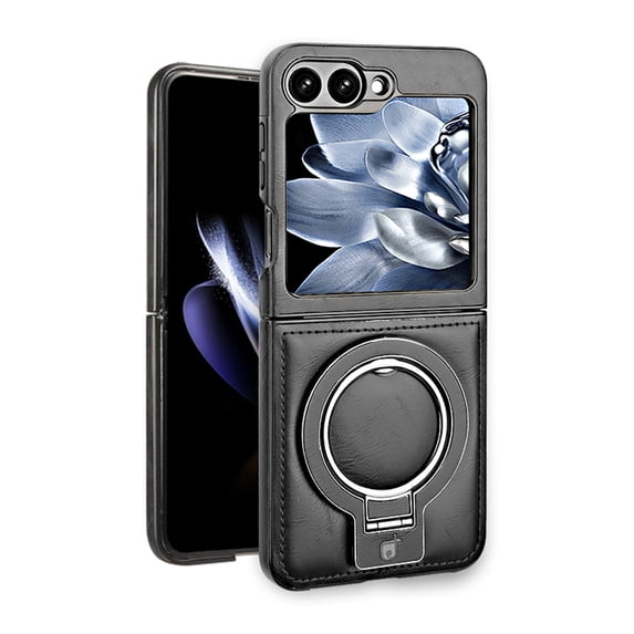ShellTech Leather for Samsung Galaxy Z Flip 7 Case with Metal Ring Holder, Compatible with MagSafe Luxury Leather PU Bumper Skin Friendly Anti-Fingerprint Shockproof Kickstand Case,Black