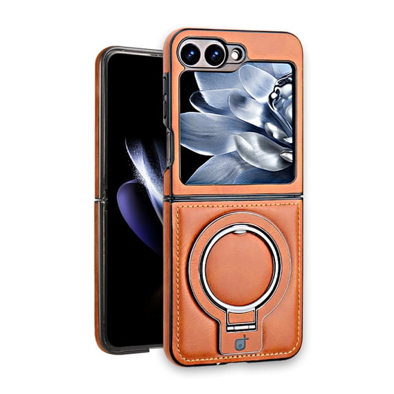 ShellTech Leather for Samsung Galaxy Z Flip 7 Case with Metal Ring Holder, Compatible with MagSafe Luxury Leather PU Bumper Skin Friendly Anti-Fingerprint Shockproof Kickstand Case,Brown
