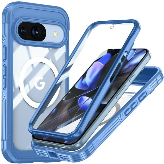 ShellTech Magnetic Case for Google Pixel 10 / 10 Pro,Compatible with Mag-Safe Double-Sided 360 Degree Full Body Built-in Screen Protection Case Shockproof Rubber Cover,Blue
