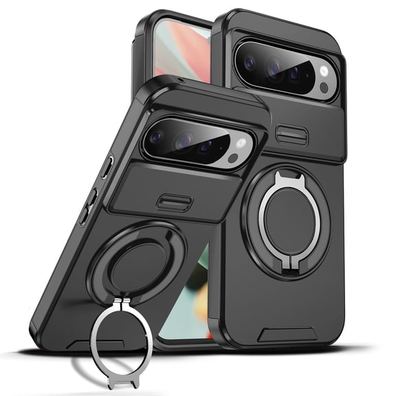 ShellTech Magnetic Case for Google Pixel 10 /10 Pro,Shockproof TPU+PC Rotating Ring Holder Kickstand Military Drop Protection Cover,Black