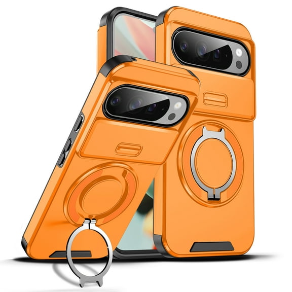 ShellTech Magnetic Case for Google Pixel 10 /10 Pro,Shockproof TPU+PC Rotating Ring Holder Kickstand Military Drop Protection Cover,Orange
