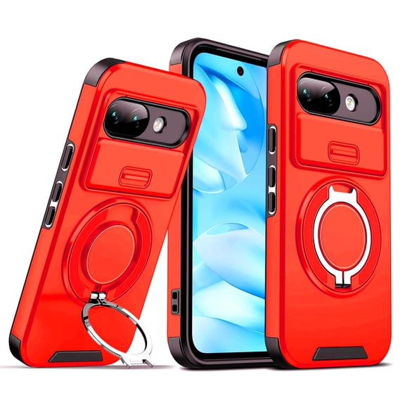 ShellTech Magnetic Case for Google Pixel 10A,Shockproof TPU+PC Rotating Ring Holder Kickstand Slide Lens Cover,Red