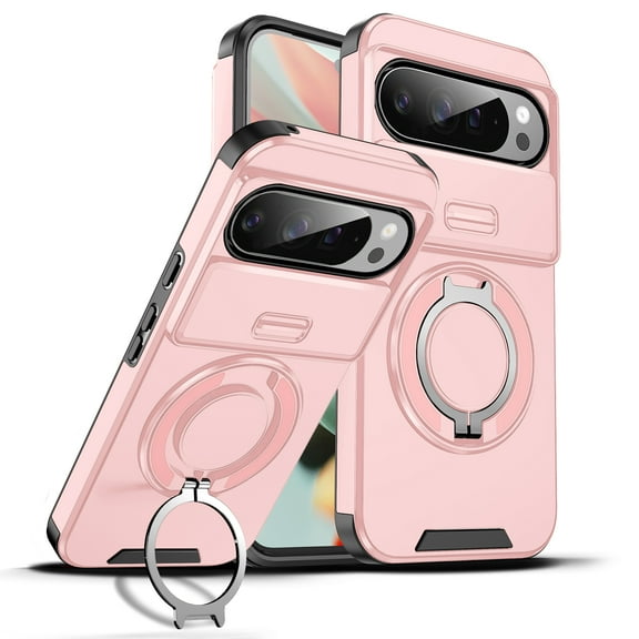 ShellTech Magnetic Case for Google Pixel 9A,Shockproof TPU+PC Rotating Ring Holder Kickstand Military Drop Protection Cover,Pink