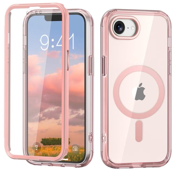 ShellTech Magnetic Case for iPhone 16e/17e,Shockproof PC Case Compatible with Mag Safe Built-in Screen Protecctor Full Body Protective Cover,Pink